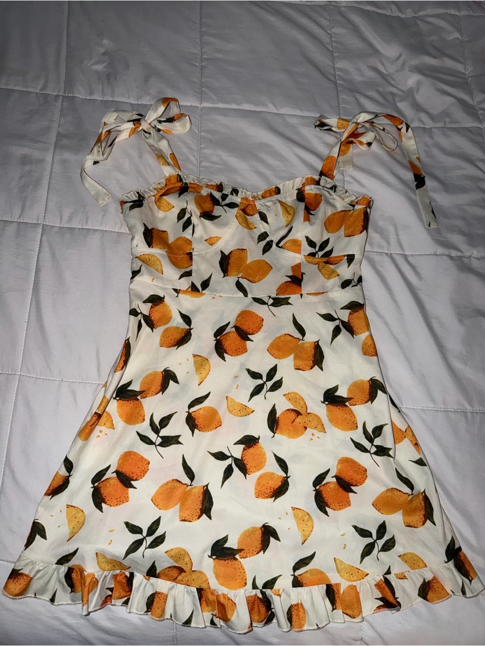 Cider White Orange Lemon Print Tie-Shoulder Mini Sundress - Medium